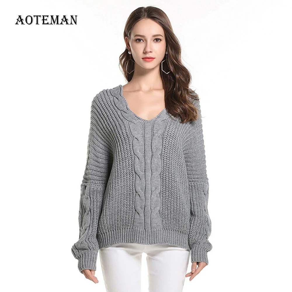 

Autumn Winter Sweater Women 2019 Casual Solid Warm Oversized Black Sweater Loose V Neck Thick Pullover Twisted Knitted Sweaters