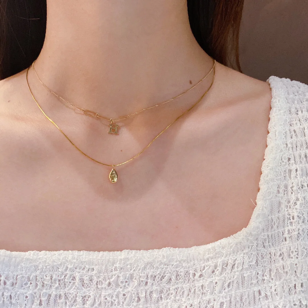 18K Solid Yellow Real Gold Jewelry(AU750) Women Little Golden Bean Water Drop Snake Chain Simple Necklace Fashion Pendants