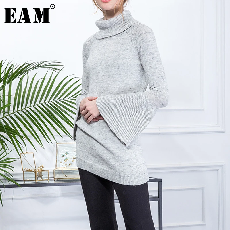 

[EAM] Temperament Knitting Puffover Loose Fit Turtleneck Long Flare Sleeve Women New Fashion All-match Autumn Winter 2019 JZ080