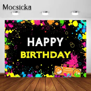 

Mocsicka Let's Glow Birthday Backdrop Neon Splatter Paint Glow in the Dark Birthday Party Photography Background Photoshoot