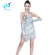 Блестящее платье для соревнований по латинским танцам, платье для взрослых с блестками и бахромой, танцевальный костюм для выступлений, платья для катания на коньках с перчатками