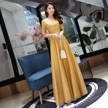 

Women Cheongsam With Waistband Sexy Long Luxury Formal Party Gown Softy Pleated Dresses Bling Sequins Novelty Modern Qipao Dress