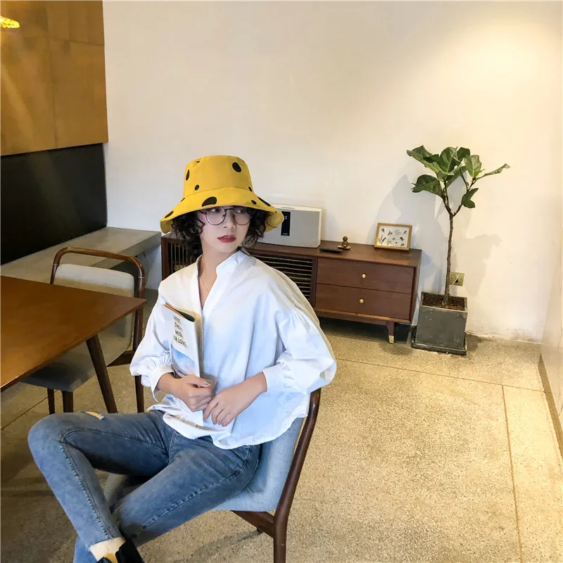 Sun Hat Women Summer Foldable Bucket Hat Harajuku Large Brim Dot Printed Beach Sun Hat Japanese Style Yellow Black Khaki Beige   (32)