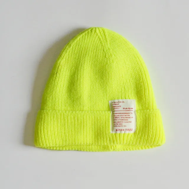 Зимняя мягкая теплая детская шапочка для маленьких мальчиков и девочек, эластичные вязаные шапки ярких цветов с аппликацией, детская повседневная шапка, шапка - Цвет: Lemon yellow