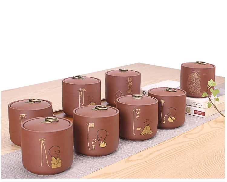 

Traditional Purple Clay Ceramic Tea Jar Kitchen Storage Jars Sugar bowl Little Monk Pattern Storage Containers Home Decor Art