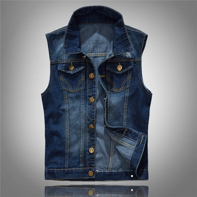 Men's Sleeveless Jeans Jacket Vest Coats Autumn Cowboy Waist Coat Denim Jeans Vest Hip Hop Streetwears Pocket Fashion Vest