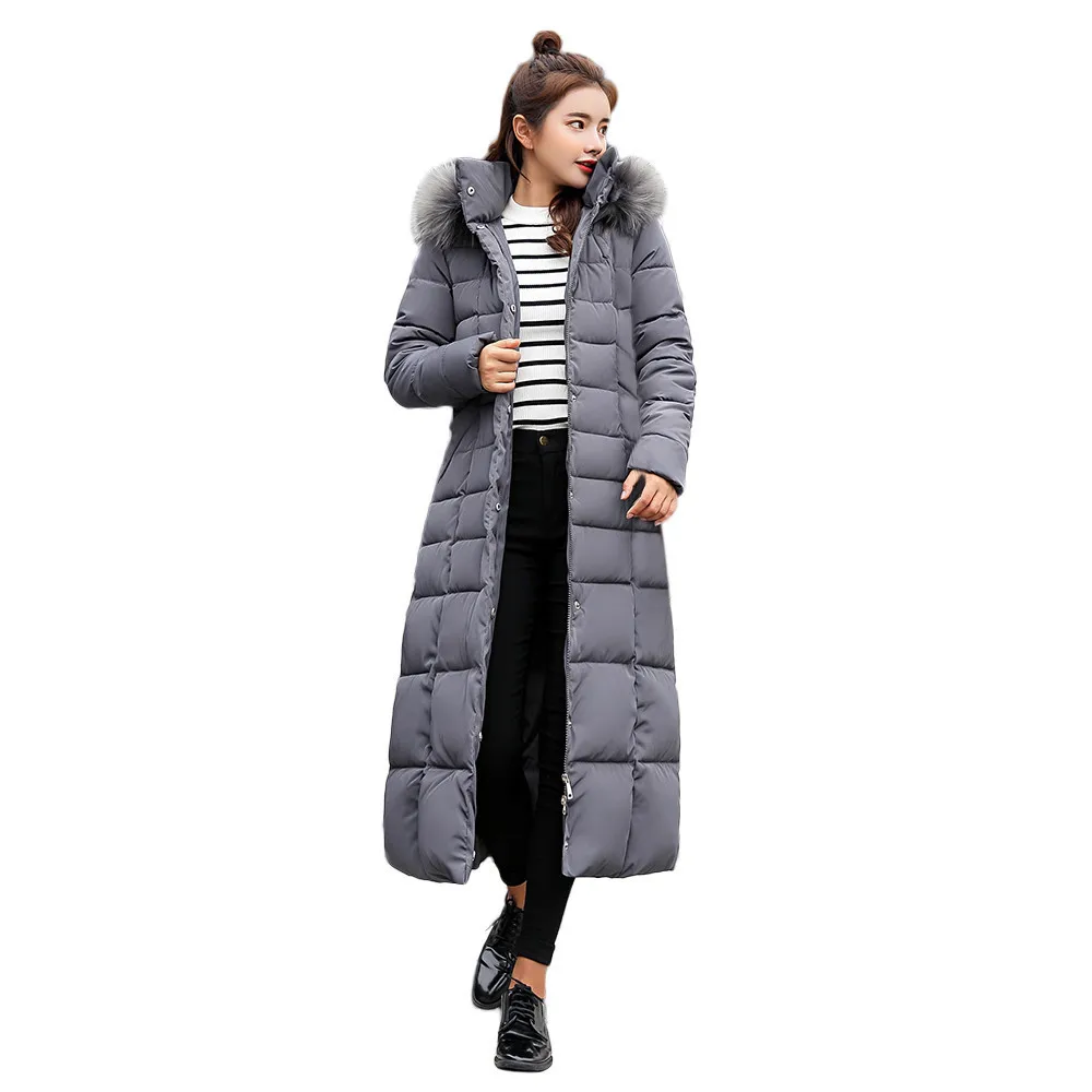 Осенне-зимние пальто, женская верхняя одежда, длинные куртки с хлопковой подкладкой, меховое теплое пальто с капюшоном, однотонное пальто с карманами#4 - Цвет: Серый