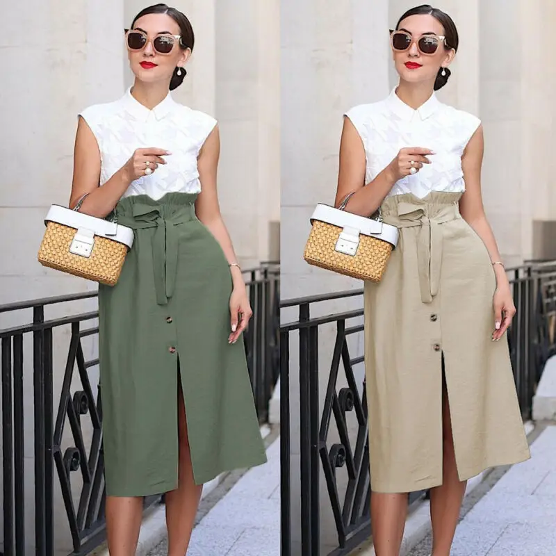 

2019 Spring Summer Casual Skirts Women Knee Length Skirts Korean Elegant Button High Waist Skirts Lady Pleated Beach Skirts Lady