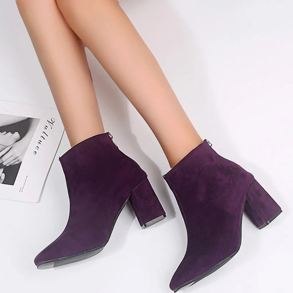 Женская зимняя обувь из флока; пикантные ботильоны на молнии сзади с квадратным носком; теплые зимние ботинки; флоковые ботинки на высоком каблуке; большие размеры