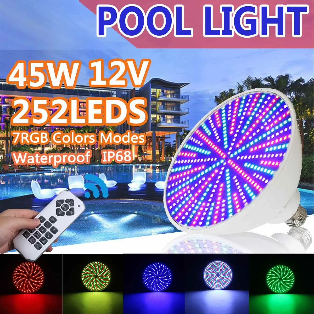 

Smuxi Waterproof 45W 252 Led Remote Controlled RGB Submersible Light AC 12V Underwater Night Lamp Swimming Pool Garden Party