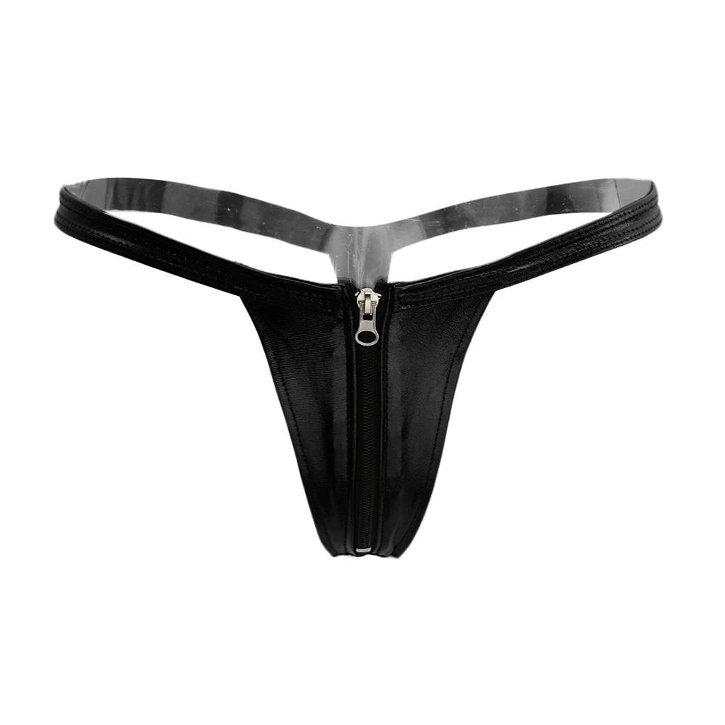 Elastic Leather Zip Open Front Thong G String T Back Briefs Underwear for Women