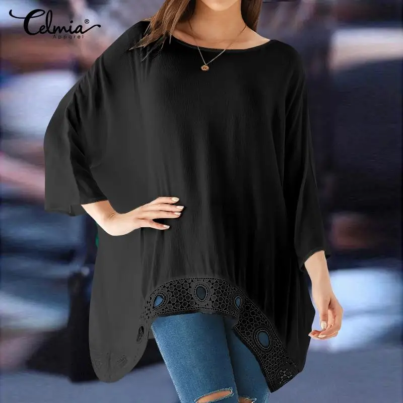 Stylish Casual Loose Solid Blouses Women Celmia Plus Size Sleeve Pleated Shirts Ladies Asymmetric Tops Hollow Out Blusas
