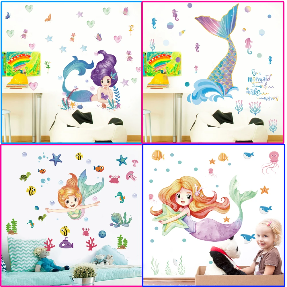 Lovely Mermaid Princess Wall Stickers For Kids Room mural Fairy tale Cartoon decals DIY Decor Paper Girls Room Decoration gift