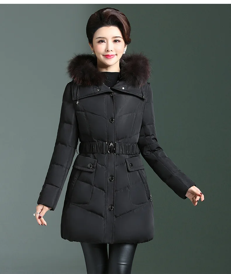 Middle-aged Women Dress Winter New Style Middle-aged down Jacket Women's Mid-length Thickening Large Fur Collar Slim Fit Large S