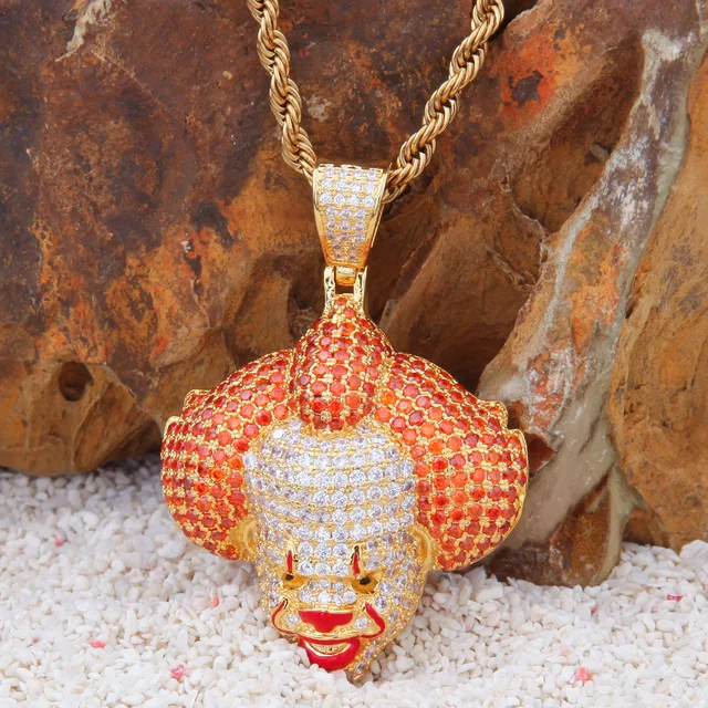 Hip-Hop Circus Clown Doll Mask Pendant Necklace Set with Zircon Colored Dripping Oil Men's Fashion Pendant Chain Cute Jewelry