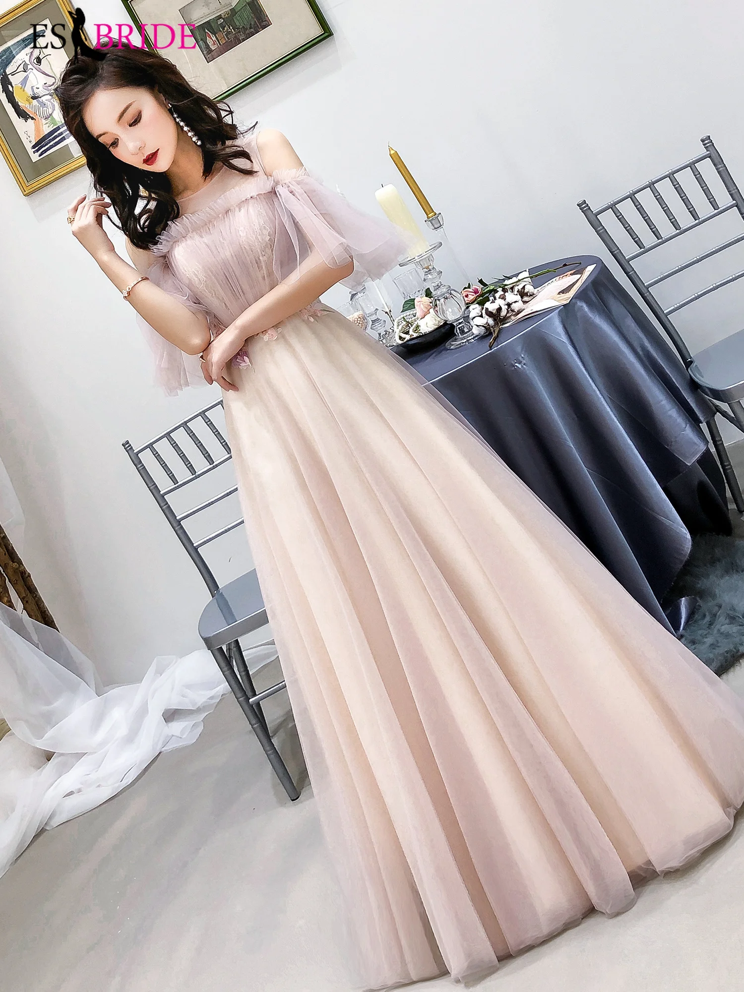 

Pink Lace Evening dress long ES30402 A-line Boat Neck Formal dress Women Elegant Evening dresses