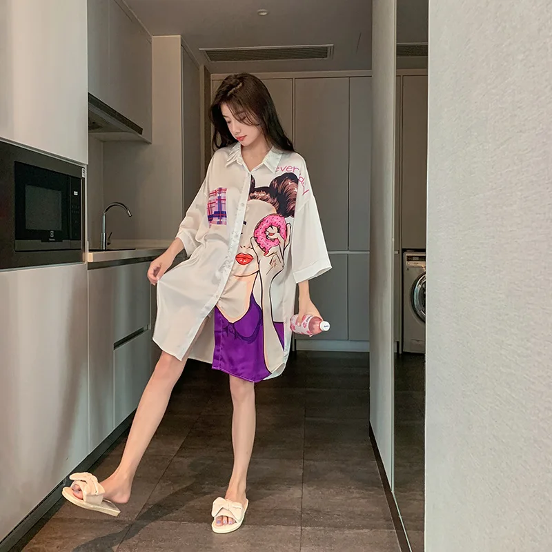 

2021 New Summer Ice Silk Thin Short Sleeve Cute Student Cardigan Nightgowns Pregnant Women Loose Sleep Tops Cartoon Sexy Dress