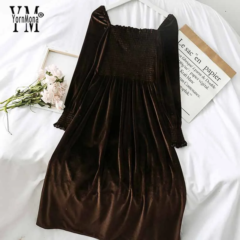Коричневый Jornmona/ осенне-зимнее винтажное бархатное длинное платье для женщин с высокой талией и квадратным воротником, элегантные готические Вечерние платья vestido longo - Цвет: Коричневый