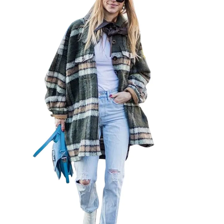 

Autumn and winter women's coat woolen medium long coat fashion Lapel Plaid tweed coat