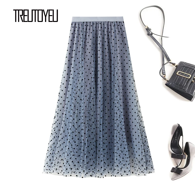 Treutoyeu Vintage Black Polka Dots Flocked Tulle Long Skirt Winter Autumn Elastic High Waist A Line Soft Mesh Skirts Womens 2020