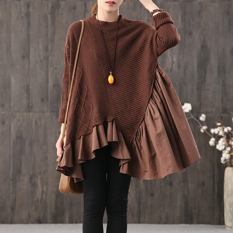 Loose Casual Large Size Turtleneck Sweater Women's Fake Two-piece Knitted sweaters korean sweater for women Pullovers Z3 - Цвет: Dark Brown sweaters