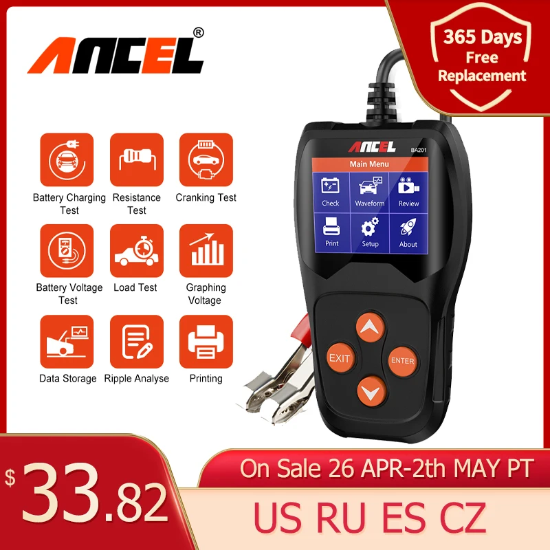 Ancel-probador de batería de coche BA201, Detector de 12V, 100-2000CCA, carga de arranque, Analizador de prueba de carga, herramientas de carga de batería