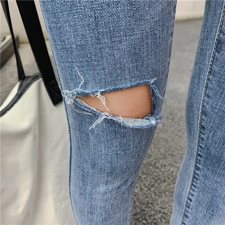 Рваные джинсы женские 2019 Осенние новые корейские с высокой талией стрейч маленькие для похудения девять брюки прямые повседневные брюки