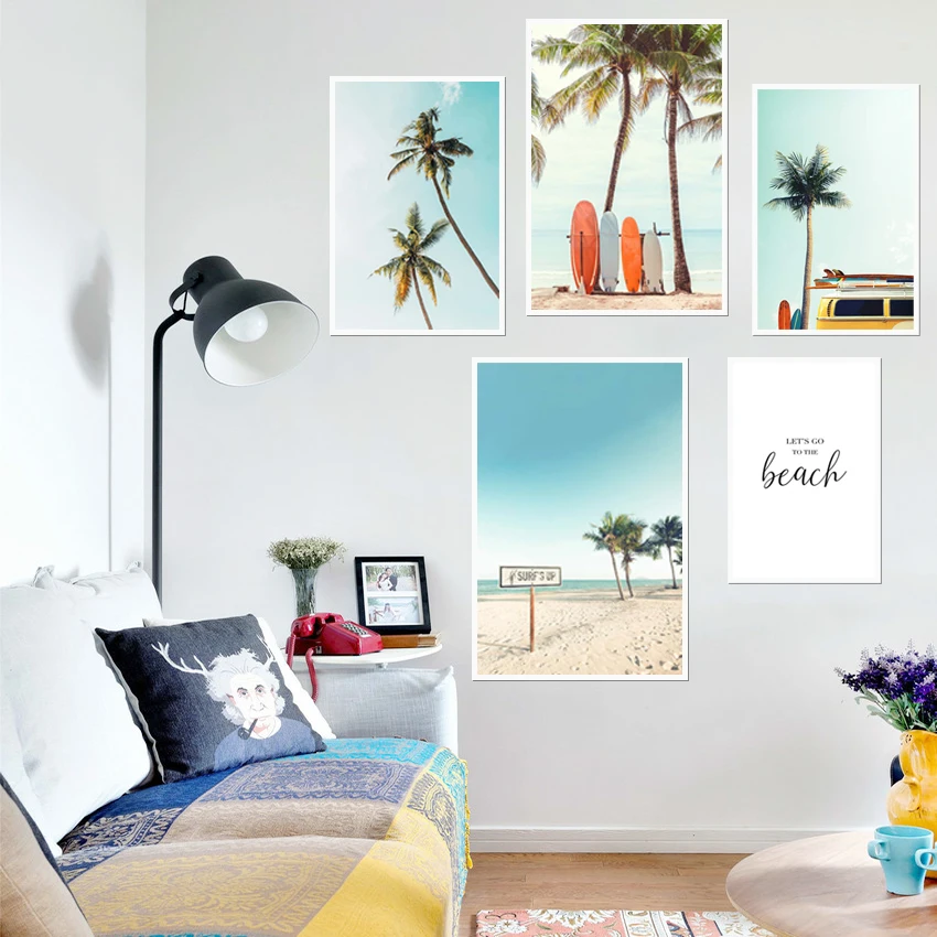 Canvas Painting Vintage Landscape Surfboard Palm Trees Surf Van Holiday Trip Poster Print Wall Art Pictures For Home Decoration | Дом и сад