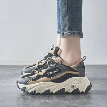 

Spring Luxury Noble Leather Dad Shoes Women's High Quality Fashion Running Leisure Thick Bottom Hidden Wedge Non-slip Sneakers