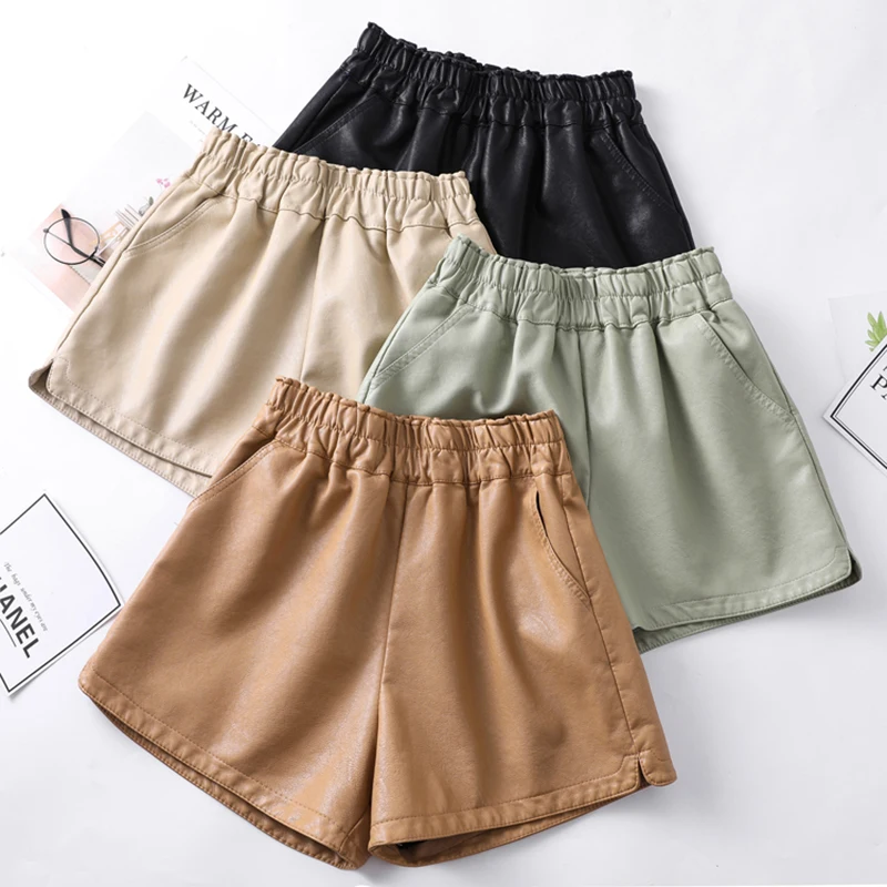 

High Waist PU Leather Shorts Women Cool Punk Sashes Wide leg Autumn Winter Casual Loose Elastic Waist Leather Shorts 2019