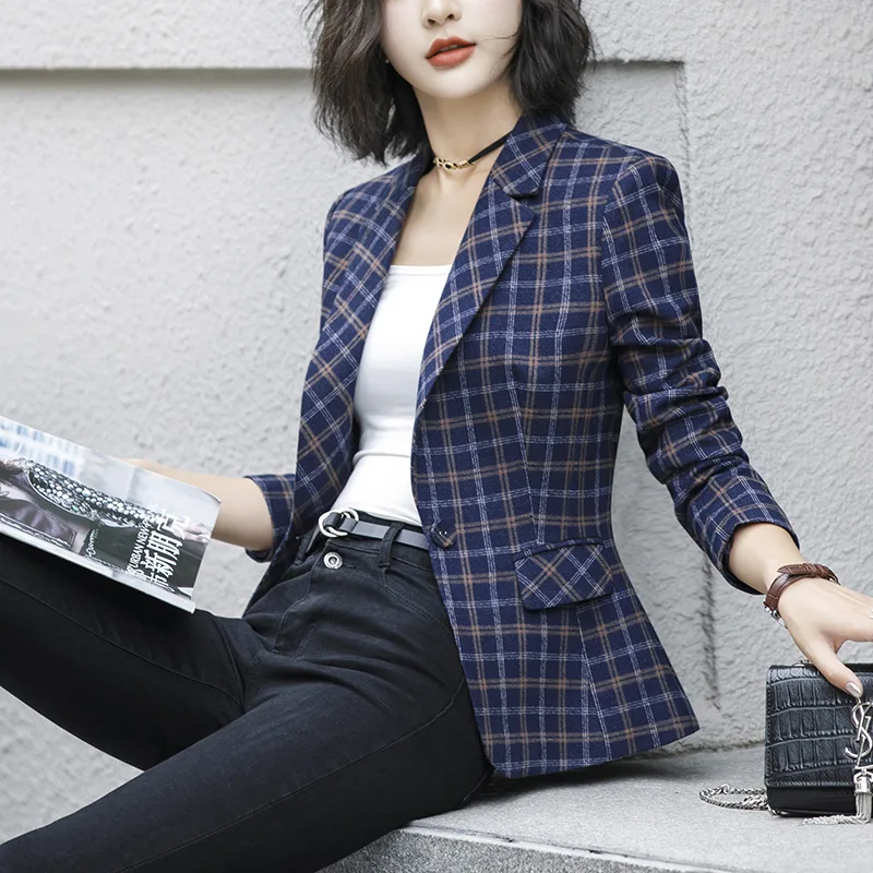 Early Autumn New Style WOMEN'S Dress Small Coat Women's College Style Western Style Jade Raw Material Suit Blue Plaid Briti