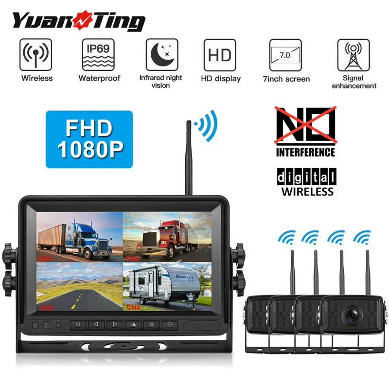 YuanTing FHD 1080P Цифровая беспроводная резервная камера с " монитор Сплит/квард экран для пикапов трейлеров Направляющие линии ВКЛ/ВЫКЛ