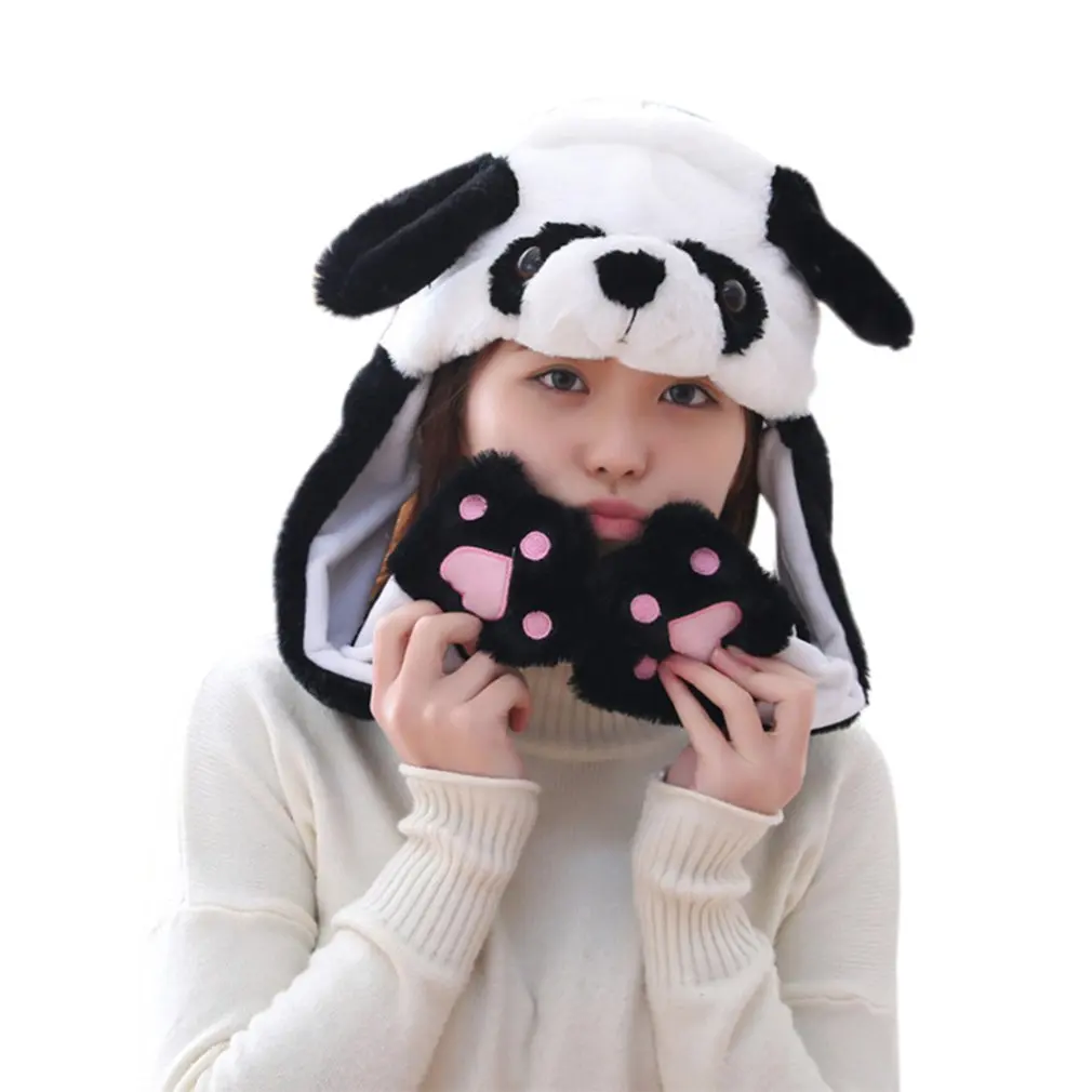 Girls Animals Ear Moving Jumping Hats Children Women Warm Plush Rabbit Winter Caps Kids Cute Bunny Fuzzy Pinch Airbag Funny Hats - Цвет: Panda