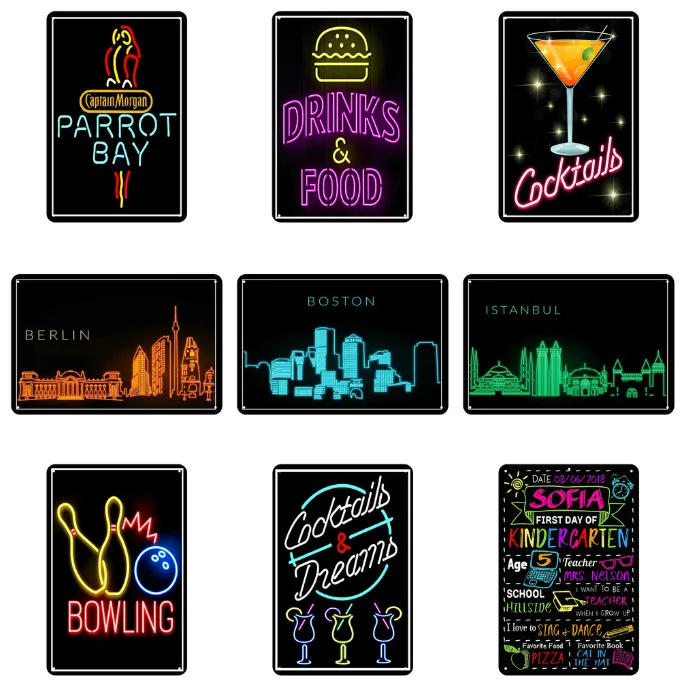 

Fluorescent Bar Tin Sign Club Pub Decorative Plaque Colorful Cocktail Beer Bowling Metal Iron Plate Wall Decor Iron Paintin