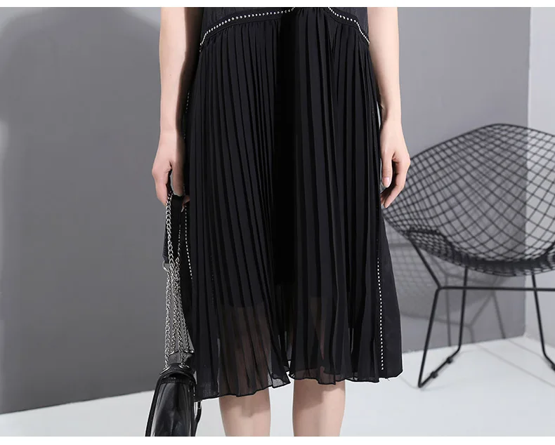 New Fashion Black Pleated Chiffon Hem Lapel Shirt Dress