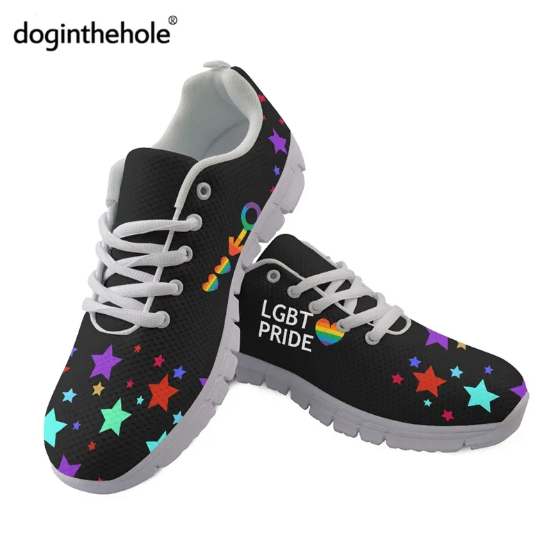 

Doginthehole Breathable Black Sneakers Women Pride LGBT Love Rainbow Design Lace-up Footwear Female Casual Mesh Flat Shoes