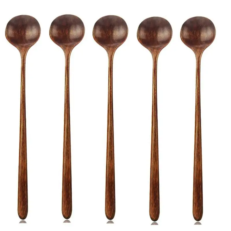 

BESTLong Spoons Wooden, 5 Pieces Korean Style 10.9 inches 100% Natural Wood Long Handle Round Spoons for Soup Cooking Mixing Sti