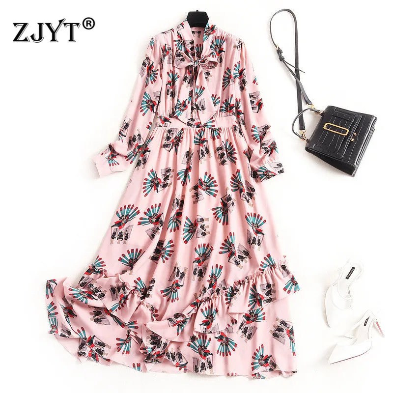 

High Street Fashion Spring Dresses for Women 2020 New Elegant Lady Long Sleeve Bow Neck Print Casual Mid Calf Dress Vestidos