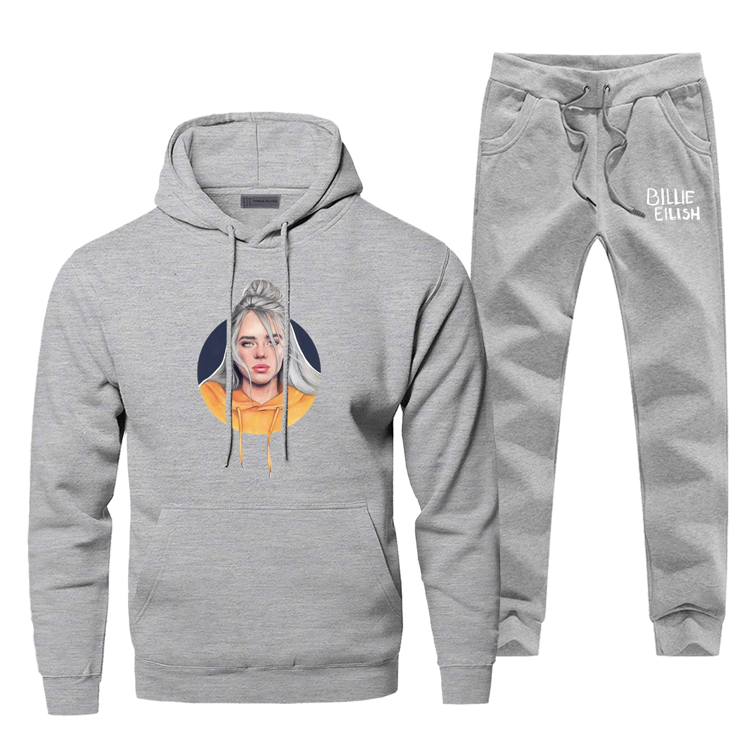 Модные толстовки Billie Eilish с принтом; Спортивный костюм; забавные мужские толстовки с капюшоном; брюки; комплекты из двух предметов; Зимняя Теплая Флисовая спортивная одежда; спортивные штаны