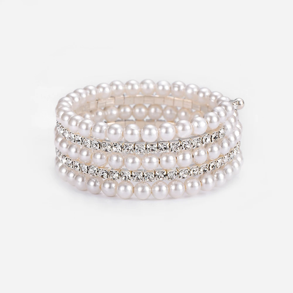 Luxury Women Rhinestone White Faux Pearl Multilayer Open Bracelet Bangle Party Wedding Bridal Jewelry Gift | Украшения и