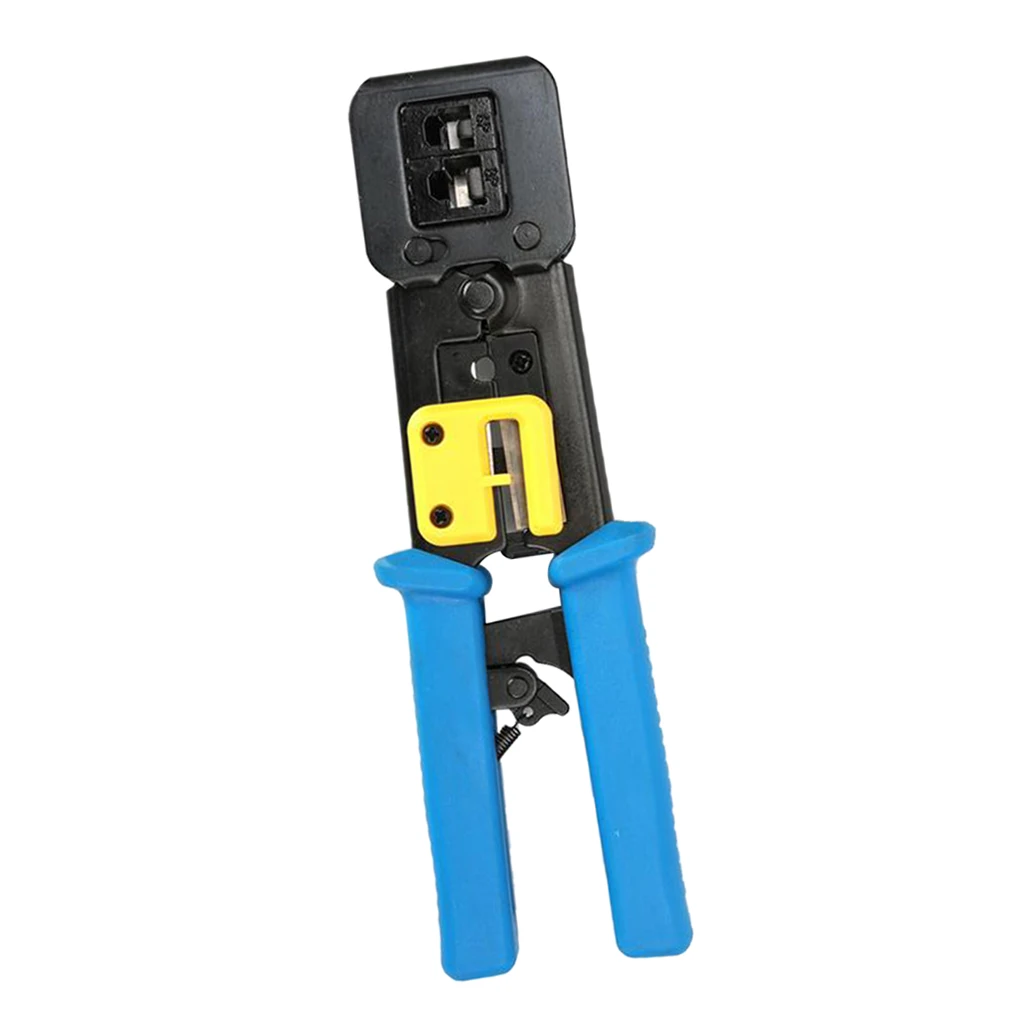 RJ45 Crimping Tool Crimper Ethernet Wires Stripper Plier Through Hole Blue