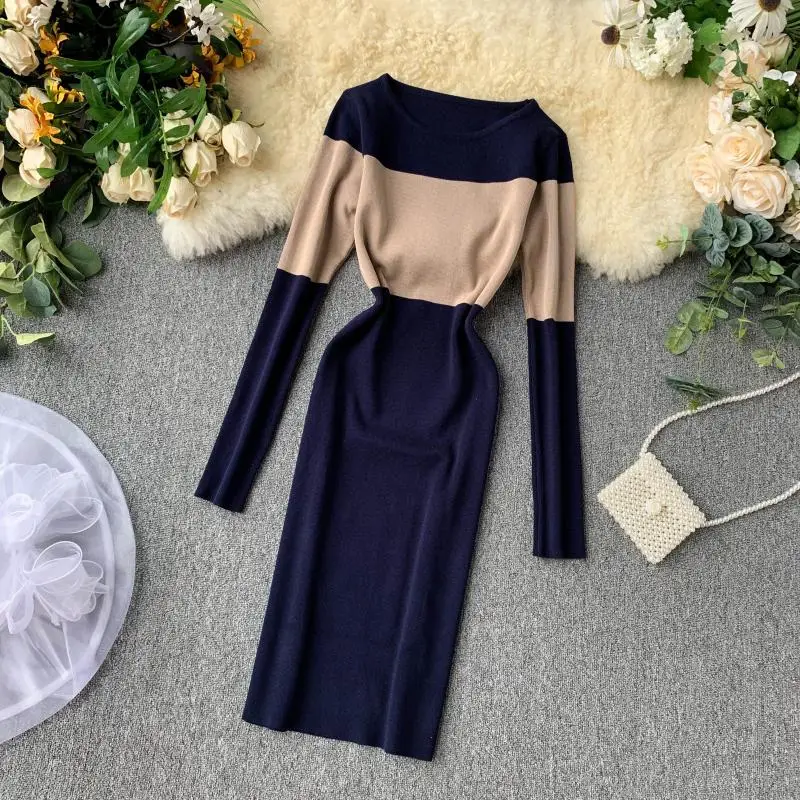 

Vintage New Slim Patchwork Autumn Winter Bodycon Knit Sweater Mini Short Dress Party Women Casual Sheath Long Sleeve Vestidos