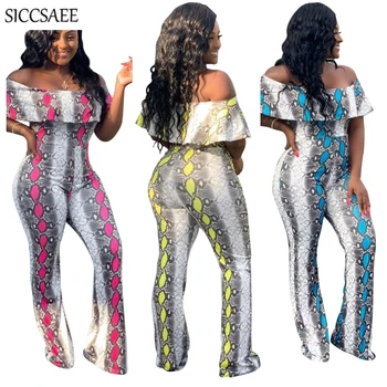 

Serpentine Ruffles Off Shoulder Jumpsuits And Rompers For Women Wide Leg Pants Backless Overalls Snake Skin Printed Slash Neck