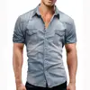 Men Summer Denim Thin Shirt Short Sleeve Soft Cotton Two Pockets Slim Slight Elastic Jeans Cowboy Shirt Clothing 2025 4