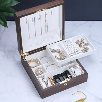 

Top quality fashion women jewelry box brown wooden style women Jewelry Storage Case for Home Travel girl gift 200805-54