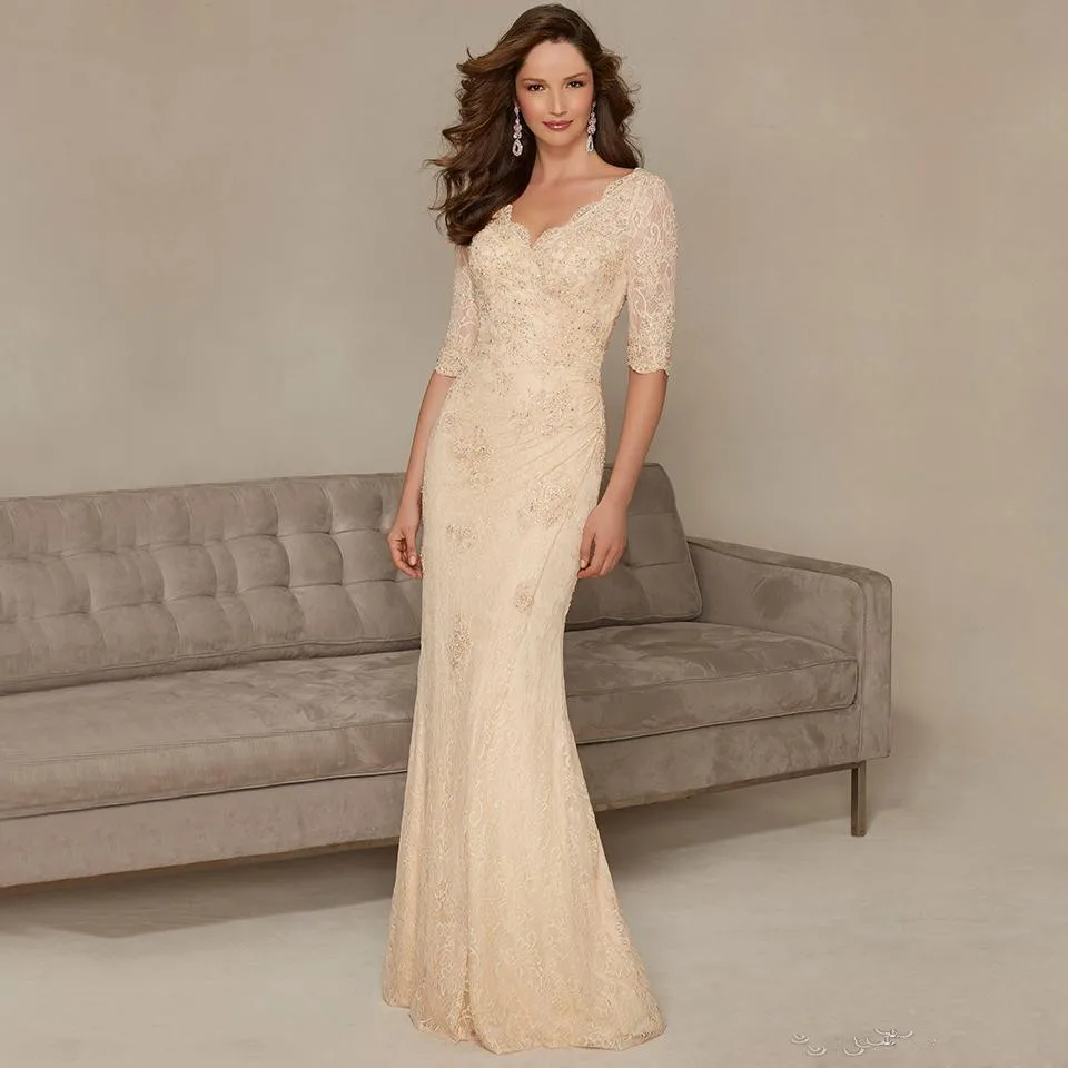 champagne mother of the groom dresses Short Sleeve Lace Sequined gown for Wedding in Elegant with Side Split Fitted bodice with a fit and flare silhouette that comes with sweep train. Arabic-inspired Knee-Length Champagne mothers dress