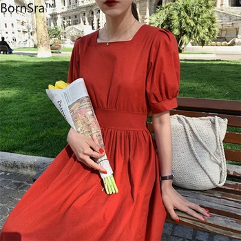 

BornSra New 2020 Women Summer Dress Casual Vintage Lace Up Bow High Waist Square Collar Puff Sleeve Pleated Long Dress