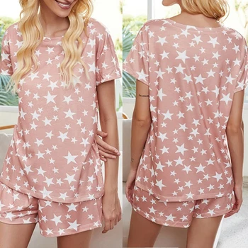 

Summer Women Sleepwear Set Casual Two Pieces Stars Printed O Neck Short Sleeves Top And Shorts Ladies Nightwear