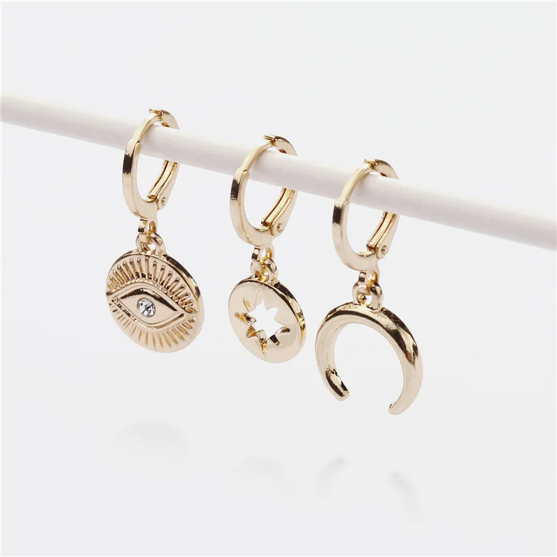 New Jewelry Designs Star Moon Evil Eye Pendant Huggies Earrings Mini Hoop Earring Set of 3 - Окраска металла: Gold-color