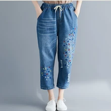 Новинка года; сезон лето; Простые универсальные джинсы с вышивкой и дырками в национальном стиле; укороченные брюки; большие размеры